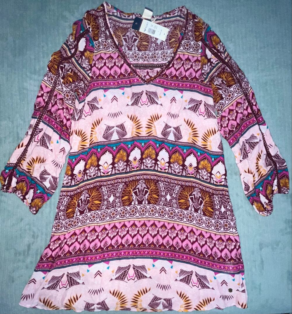 NWT! Roxy Women's Havana Pink Multi Pattern Long Sleeve Dress